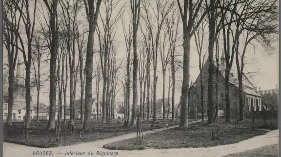 Beguinage courtyard garden with church - circa 1900